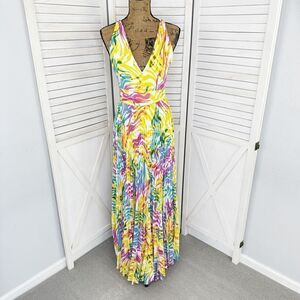 Milly Oria Waves of Zerbra Pleated Halter Maxi Dress Yellow Pink Multi Size 4